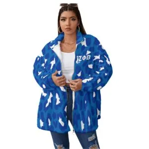 Zeta Phi Beta Borg Fleece Stand-up Collar Coat With Zipper Closure(Plus Size)