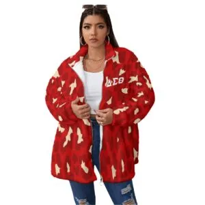 Delta Sigma Theta Borg Fleece Stand-up Collar Coat With Zipper Closure(Plus Size)