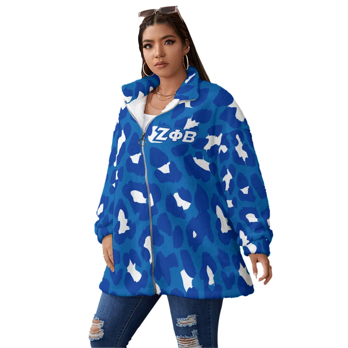 Zeta Phi Beta Borg Fleece Stand-up Collar Coat With Zipper Closure(Plus Size) - Image 2