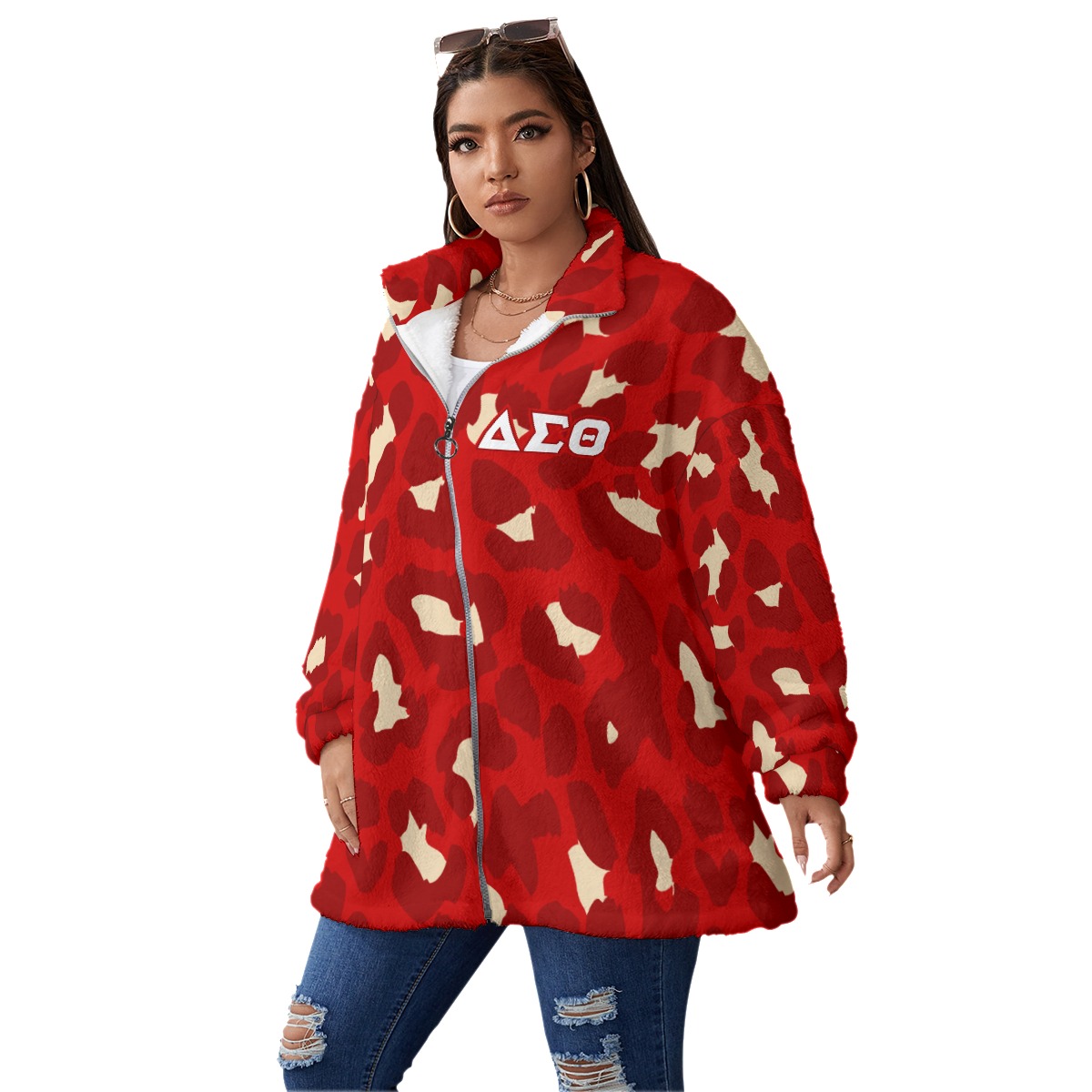Delta Sigma Theta Borg Fleece Stand-up Collar Coat With Zipper Closure(Plus Size) - Image 2