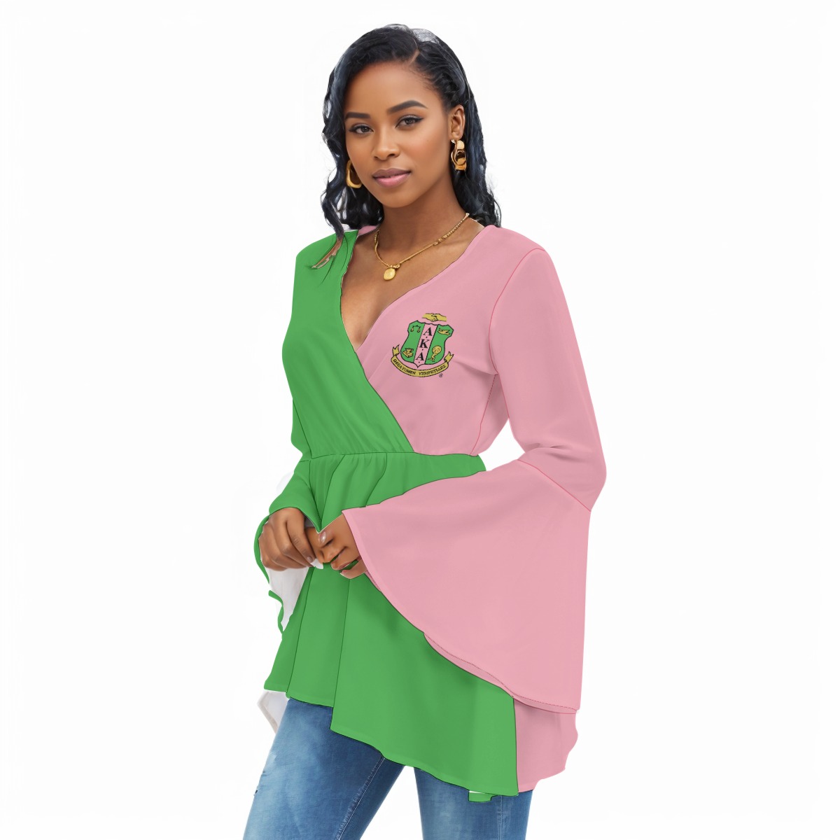 Alpha Kappa Alpha V-neck Blouse With Flared Sleeves - Image 3