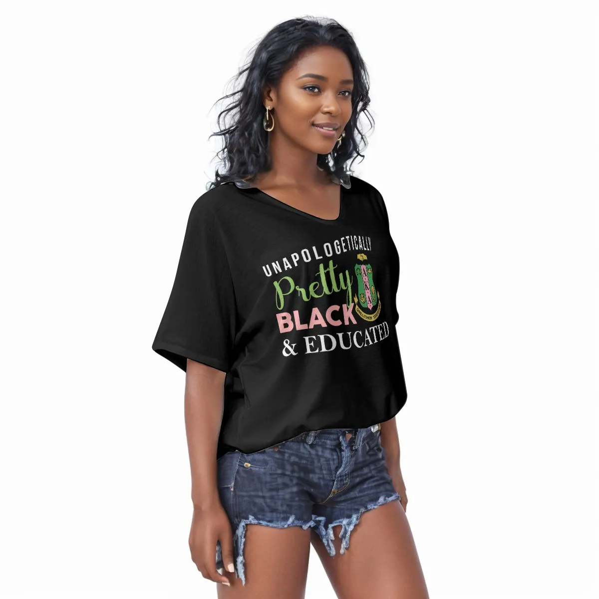 Alpha Kappa Alpha Black Bat Sleeves V-Neck Blouse - Image 3