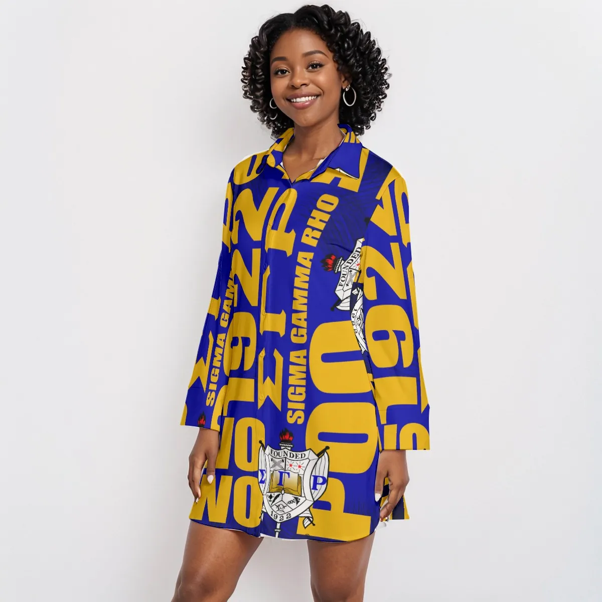 Sigma Gamma Rho Crossword Lapel Shirt Dress With Long Sleeve - Image 2