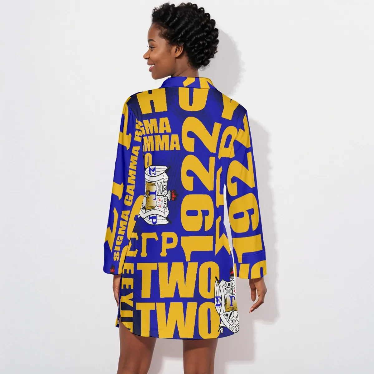 Sigma Gamma Rho Crossword Lapel Shirt Dress With Long Sleeve - Image 4