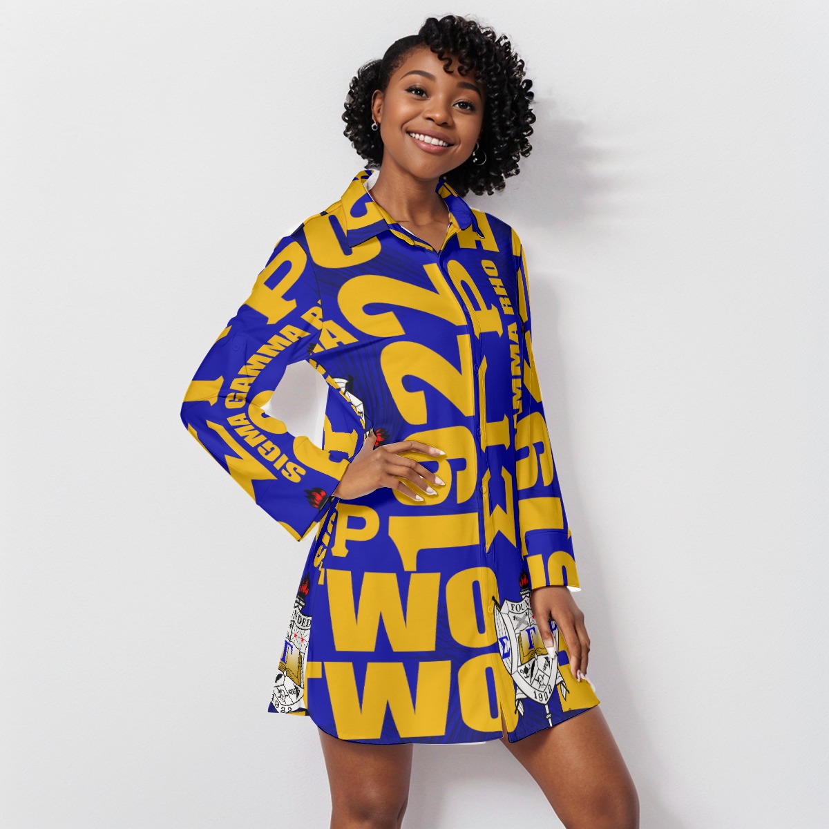 Sigma Gamma Rho Crossword Lapel Shirt Dress With Long Sleeve - Image 3