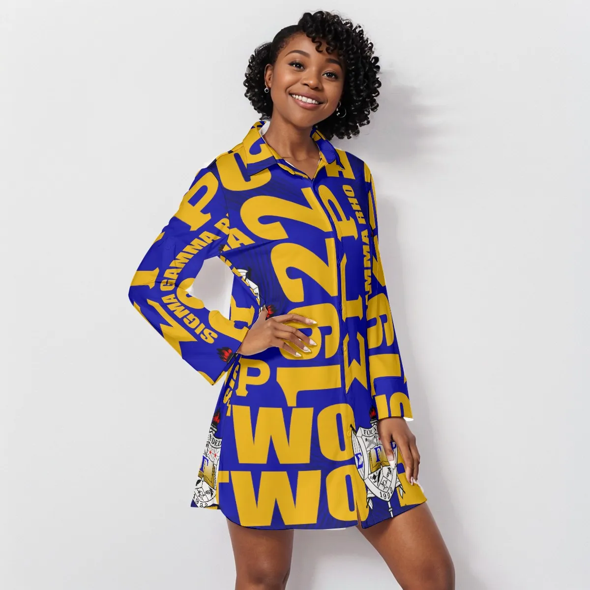 Sigma Gamma Rho Crossword Lapel Shirt Dress With Long Sleeve - Image 3