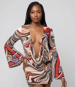 Delta Sigma Theta Crimson and Swirls V Neck Bodycon Dress