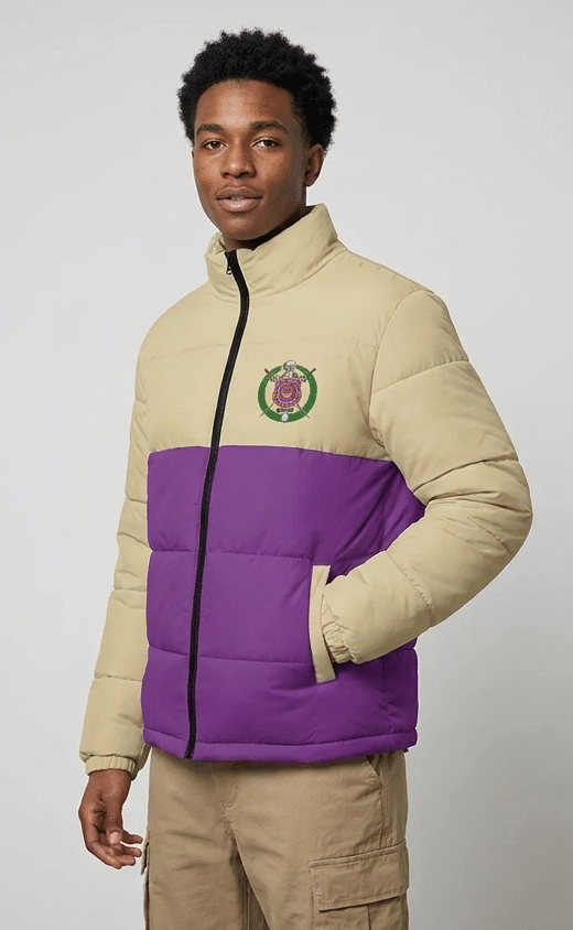 Omega Psi Phi Purple Dynasty Men's Puffer Jacket - Image 2