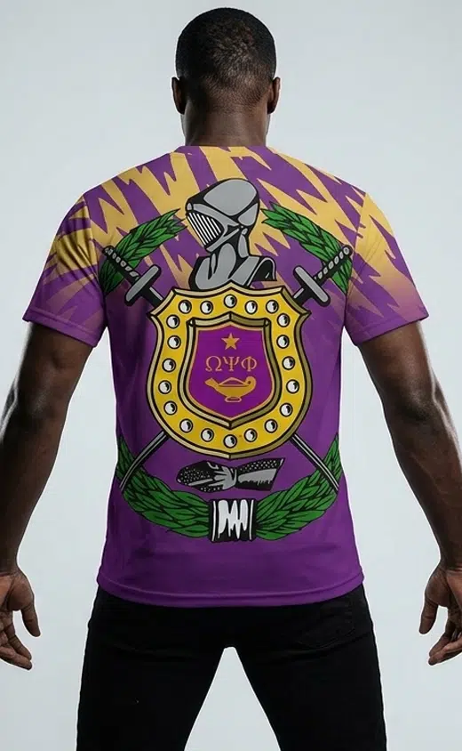 Omega Psi Phi Que Strike Curved Hem Crewneck T-Shirt - Image 2